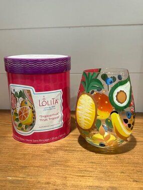 Lolita Tropical Fruit Stemless Wine Glass 20 oz Hand Painted w/ Box